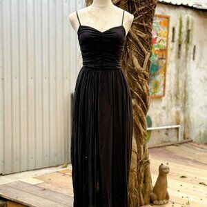 Black Ruched Bodice Tulle Midi Dress Elegant